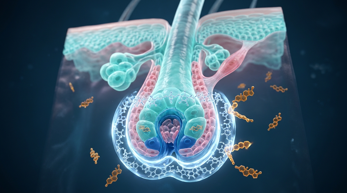 Illustrazione scientifica 3D del blocco dei recettori DHT del follicolo pilifero mediante Clascoterone